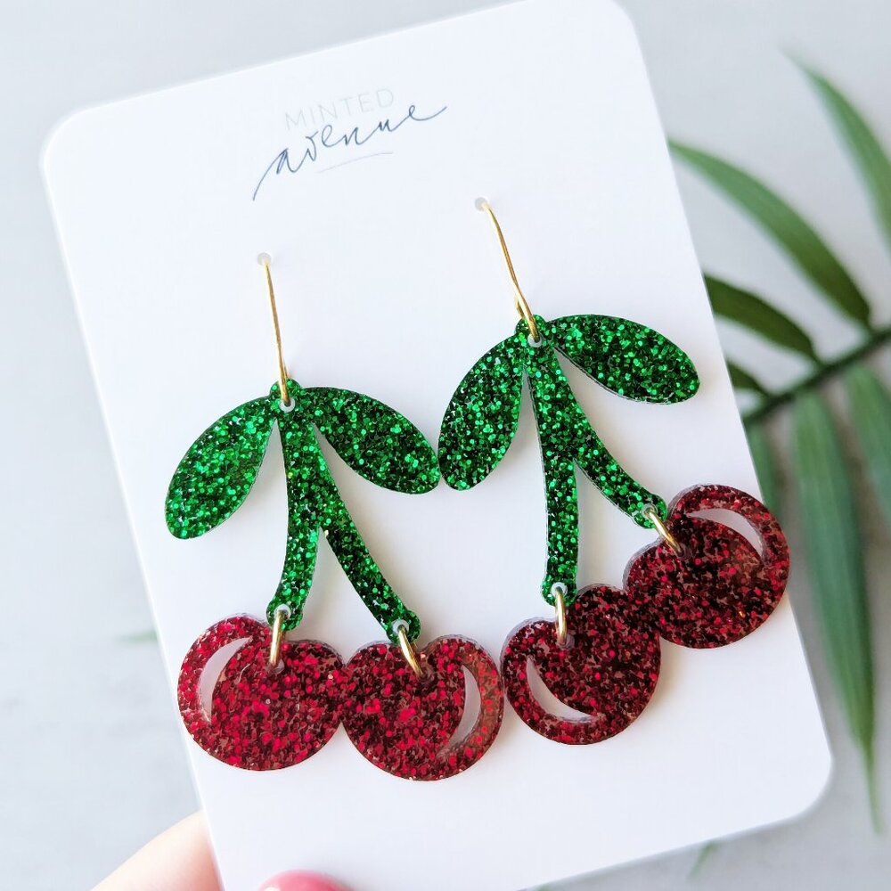Acrylic Cherry Glitter Earrings, Cherry Theme Acrylic Earrings, Fruit Earrings
